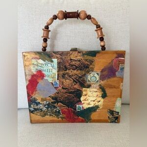 Mixed-Media Wooden Box Handbag in Brown with Multicolor Accents